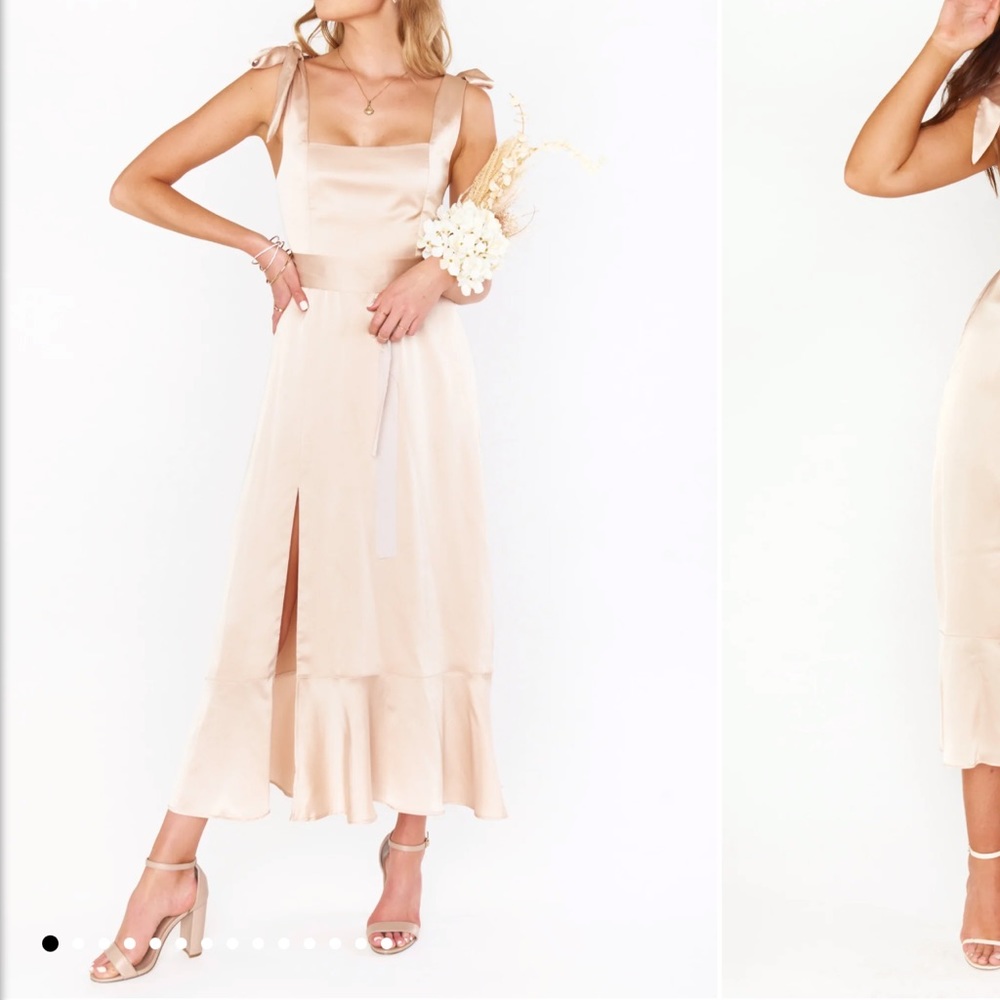Mumu Claire midi bridesmaid dress in champagne luxe satin size S w/ 3 ties inc.